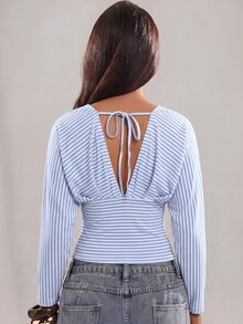 SHEIN BAE 女款時尚性感條紋深V領蝙蝠袖上衣 - 淺藍色 - 查看 4