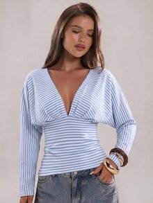 SHEIN BAE 女款時尚性感條紋深V領蝙蝠袖上衣 - 淺藍色 - 查看 7