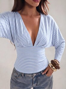SHEIN BAE 女款時尚性感條紋深V領蝙蝠袖上衣 - 淺藍色 - 查看 5