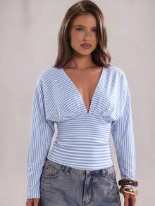 SHEIN BAE 女款時尚性感條紋深V領蝙蝠袖上衣 - 淺藍色 - 查看 3