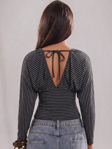 SHEIN BAE 女款極簡條紋拼色收腰長袖上衣 - 深灰色 - 查看 4