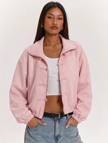 SHEIN BAE 女款時尚百搭青蛙鈕扣拉鍊長袖口袋夾克 - 粉色 - 查看 4