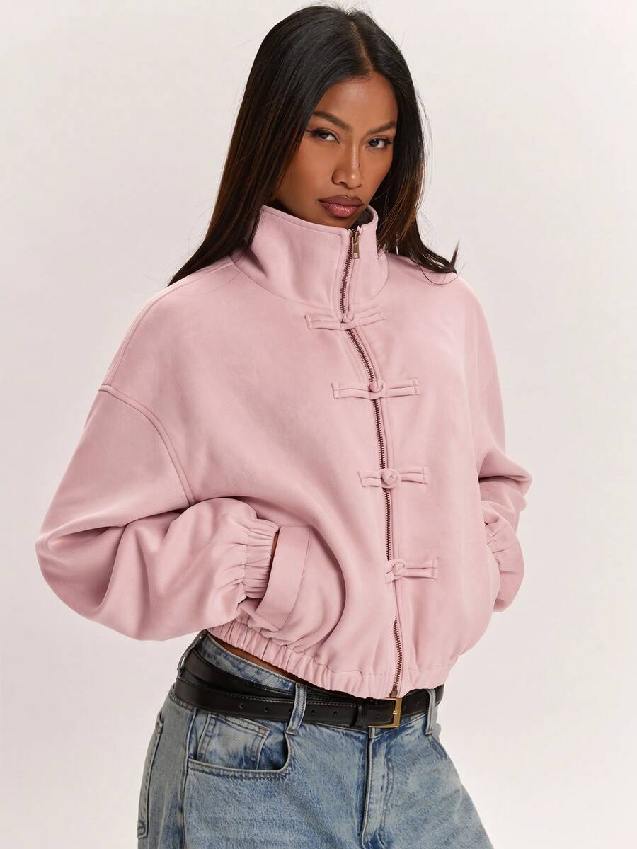 SHEIN BAE 女款時尚百搭青蛙鈕扣拉鍊長袖口袋夾克 - 粉色 - 查看 1