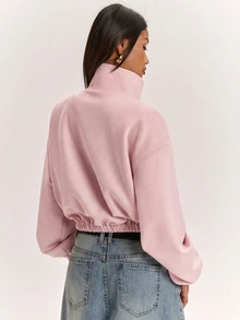 SHEIN BAE 女款時尚百搭青蛙鈕扣拉鍊長袖口袋夾克 - 粉色 - 查看 2