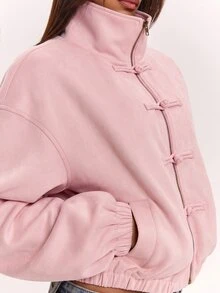 SHEIN BAE 女款時尚百搭青蛙鈕扣拉鍊長袖口袋夾克 - 粉色 - 查看 7