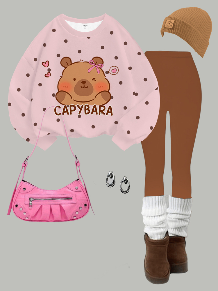 Tween Girls Casual Minimalist Cute Capybara Pattern, Polka Dot Print, Maillard Color Palette, Round Neck Casual Drop Shoulder Sweatshirt & Slim Fit Leggings 2 Pieces Set Y2K, Cozy Fall & Winter Styles, Kawaii - Multicolor - View 3