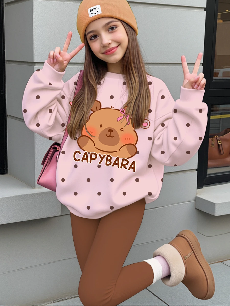 青少年女孩休閒簡約可愛水豚圖案波點印花美拉德色系圓領落肩衛衣與修身內搭褲2件套 Y2K 秋冬舒適可愛風 - 彩色 - 查看 1