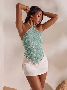 Opulessa Women's Vacation Beach Party Club Sequin Backless Halter Top Mint Green Summer Sexy - Mint Blue - View 3