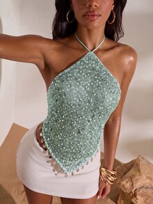 Opulessa Women's Vacation Beach Party Club Sequin Backless Halter Top Mint Green Summer Sexy - Mint Blue - View 6