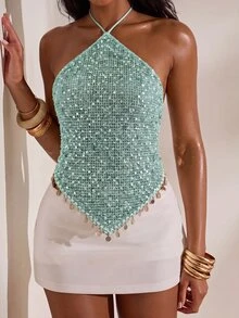 Opulessa Women's Vacation Beach Party Club Sequin Backless Halter Top Mint Green Summer Sexy - Mint Blue - View 4
