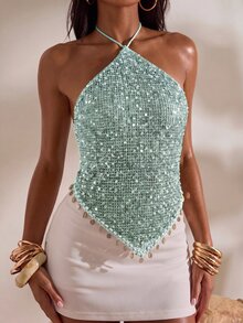 Opulessa Women's Vacation Beach Party Club Sequin Backless Halter Top Mint Green Summer Sexy - Mint Blue - View 5