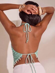 Opulessa Women's Vacation Beach Party Club Sequin Backless Halter Top Mint Green Summer Sexy - Mint Blue - View 2