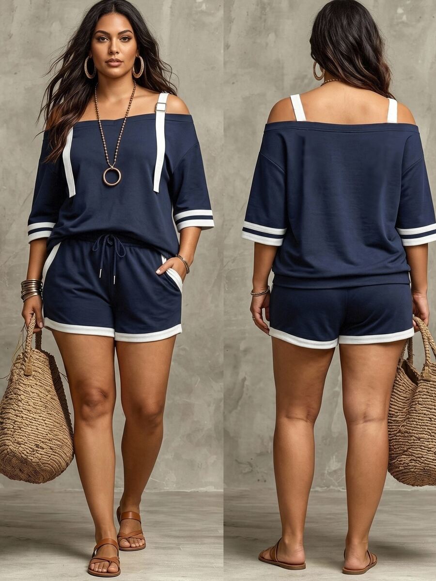 SHEIN LUNE CURVE طقم قطعتين توب وشورتات مقاس كبير مع ديكور كتف متباين - ازرق وابيض - مشاهدة 1