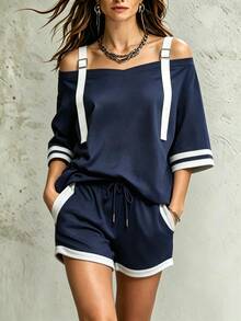 SHEIN LUNE CURVE Plus Size Contrast Shoulder Decor Top & Shorts 2 Pieces Set - Blue and White - View 5