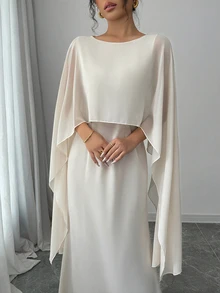 Elenzga Elegant Flowy Dress With Contrasting Detachable Capelet Sleeves For Women Maxi Satin Women Outfit - Apricot - View 3