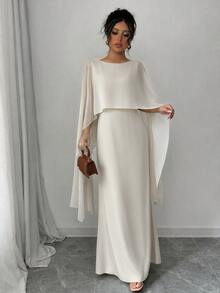Elenzga Elegant Flowy Dress With Contrasting Detachable Capelet Sleeves For Women Maxi Satin Women Outfit - Apricot - View 5