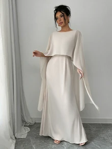 Elenzga Elegant Flowy Dress With Contrasting Detachable Capelet Sleeves For Women Maxi Satin Women Outfit - Apricot - View 4