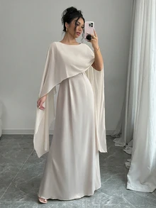 Elenzga Elegant Flowy Dress With Contrasting Detachable Capelet Sleeves For Women Maxi Satin Women Outfit - Apricot - View 1