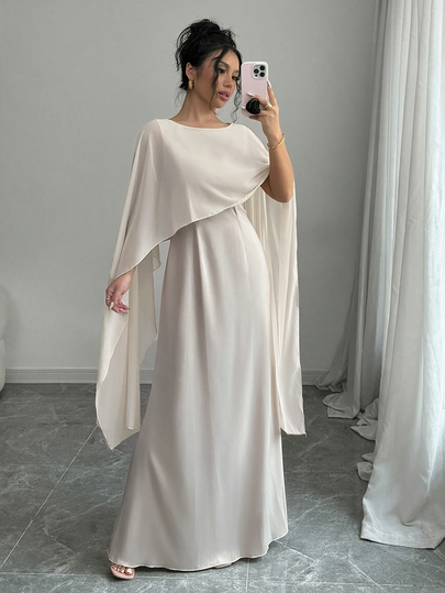 Elenzga Vestido fluido y elegante con mangas tipo capa desmontable de contraste para mujer, vestido de satén largo para mujer