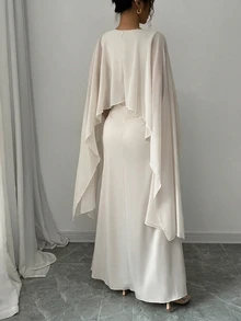 Elenzga Elegant Flowy Dress With Contrasting Detachable Capelet Sleeves For Women Maxi Satin Women Outfit - Apricot - View 2