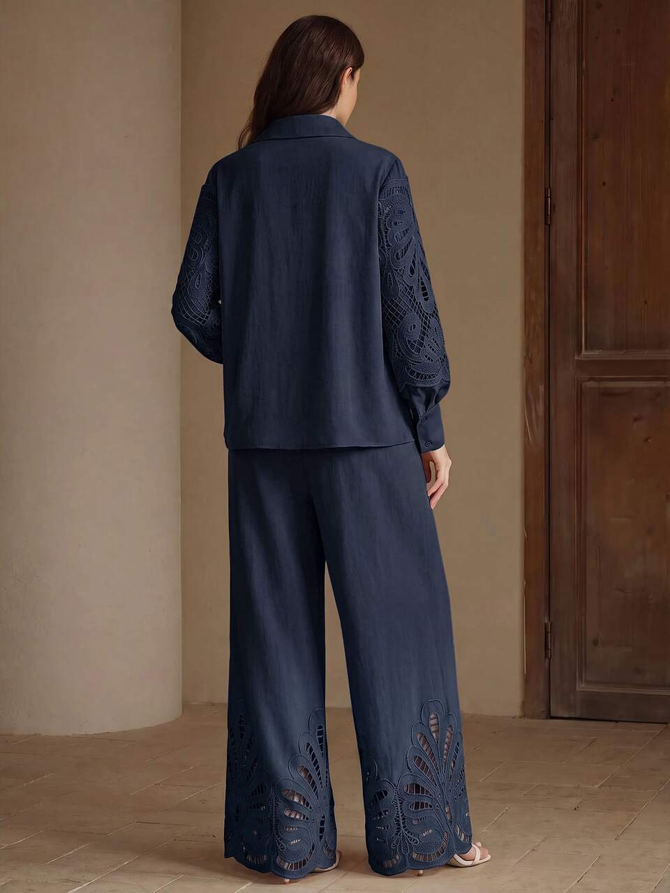 Anewsta Navy Blue Elegant Elegant Women's 2 Pieces Set With Water-Soluble Lace Patchwork Design, Suitable For Commuting, Dating, Afternoon Tea And Light Social Occasions