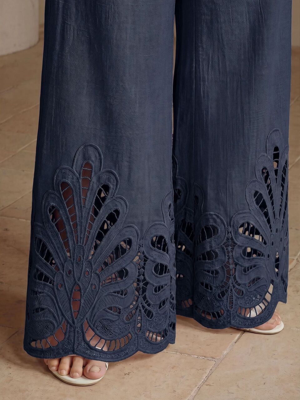 Anewsta Navy Blue Elegant Elegant Women's 2 Pieces Set With Water-Soluble Lace Patchwork Design, Suitable For Commuting, Dating, Afternoon Tea And Light Social Occasions