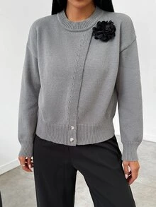 Balvessa 女士休闲3D立体花卉装饰圆领落肩长袖毛衣，秋冬季长袖上衣，针织套头衫 - 深灰色 - 查看 3