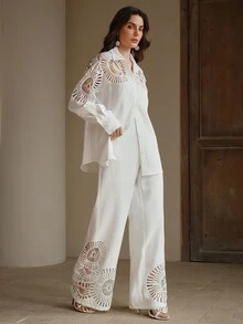 Anewsta Setelan Kemeja Longgar dan Celana Panjang Lebar Motif Renda Patchwork Warna Polos untuk Wanita, Musim Semi/Panas/Gugur - Putih - View 4