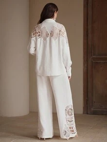 Anewsta Setelan Kemeja Longgar dan Celana Panjang Lebar Motif Renda Patchwork Warna Polos untuk Wanita, Musim Semi/Panas/Gugur - Putih - View 3