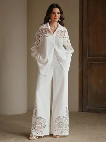 Anewsta Setelan Kemeja Longgar dan Celana Panjang Lebar Motif Renda Patchwork Warna Polos untuk Wanita, Musim Semi/Panas/Gugur - Putih - View 2