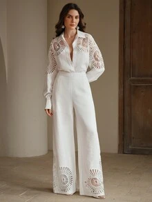 Anewsta Setelan Kemeja Longgar dan Celana Panjang Lebar Motif Renda Patchwork Warna Polos untuk Wanita, Musim Semi/Panas/Gugur - Putih - View 6