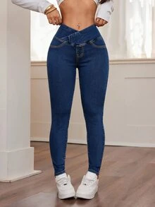 SHEIN PETITE 女款海軍藍夏季休閒日常高腰彈性緊身牛仔褲，修身水洗重疊腰頭牛仔長褲，適合秋冬 Y2K 街頭風，小個女款 - 深色水洗藍 - 查看 6