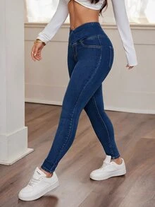 SHEIN PETITE 女款海軍藍夏季休閒日常高腰彈性緊身牛仔褲，修身水洗重疊腰頭牛仔長褲，適合秋冬 Y2K 街頭風，小個女款 - 深色水洗藍 - 查看 7