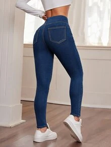 SHEIN PETITE 女款海軍藍夏季休閒日常高腰彈性緊身牛仔褲，修身水洗重疊腰頭牛仔長褲，適合秋冬 Y2K 街頭風，小個女款 - 深色水洗藍 - 查看 3