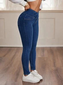 SHEIN PETITE 女款海軍藍夏季休閒日常高腰彈性緊身牛仔褲，修身水洗重疊腰頭牛仔長褲，適合秋冬 Y2K 街頭風，小個女款 - 深色水洗藍 - 查看 5
