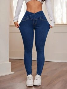 SHEIN PETITE 女款海軍藍夏季休閒日常高腰彈性緊身牛仔褲，修身水洗重疊腰頭牛仔長褲，適合秋冬 Y2K 街頭風，小個女款 - 深色水洗藍 - 查看 4