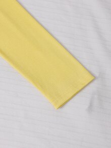 SHEIN 青少年女孩黃色羅紋長袖上衣，蕾絲方領鈕扣設計，適合春秋日常穿著 - 黃色 - 查看 5