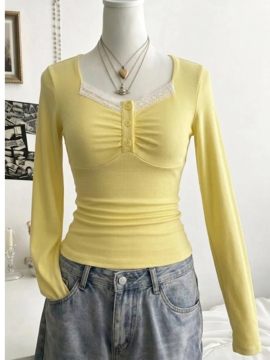 SHEIN 青少年女孩黃色羅紋長袖上衣,蕾絲方領鈕扣設計,適合春秋日常穿著 - 黃色 - 查看 1