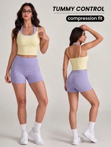 Pariaura Colorblock Halter Tank Top & Shorts Sports Set - Lavender/Yellow - View 5