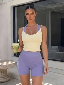 Pariaura Colorblock Halter Tank Top & Shorts Sports Set - Lavender/Yellow - View 4