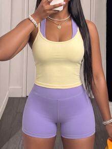 Pariaura Colorblock Halter Tank Top & Shorts Sports Set - Lavender/Yellow - View 6