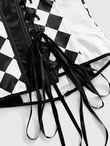 ROMWE Goth Colorblock Patchwork Checkerboard Bandeau Bodysuit Top - Black and White - View 12
