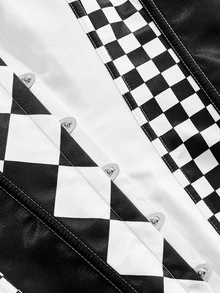 ROMWE Goth Colorblock Patchwork Checkerboard Bandeau Bodysuit Top - Black and White - View 11