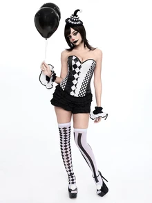 ROMWE Goth Colorblock Patchwork Checkerboard Bandeau Bodysuit Top - Black and White - View 3