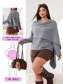 Solflare Plus Draped Collar Batwing Sleeve Knit Top Formal Office Grey Autumn Casual Elegant Fall - Grey - View 2