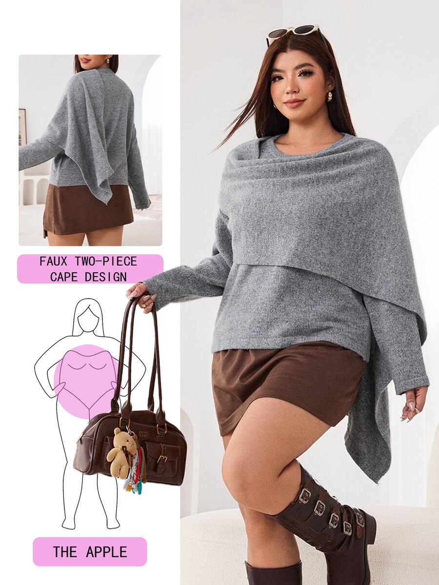 Solflare Plus Draped Collar Batwing Sleeve Knit Top Formal Office Grey Autumn Casual Elegant Fall