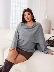 Solflare Plus Draped Collar Batwing Sleeve Knit Top Formal Office Grey Autumn Casual Elegant Fall - Grey - View 5