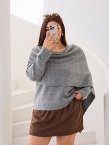 Solflare Plus Draped Collar Batwing Sleeve Knit Top Formal Office Grey Autumn Casual Elegant Fall - Grey - View 6