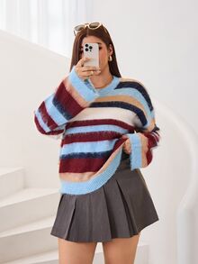Solflare Plus Striped Pattern Drop Shoulder Sweater Homewear Formal Elegant Casual 90s School College Office Birthday Light Blue Winter 1960s Autumn Fall - Multicolor - View 7