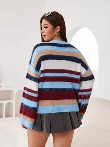 Solflare Plus Striped Pattern Drop Shoulder Sweater Homewear Formal Elegant Casual 90s School College Office Birthday Light Blue Winter 1960s Autumn Fall - Multicolor - View 3